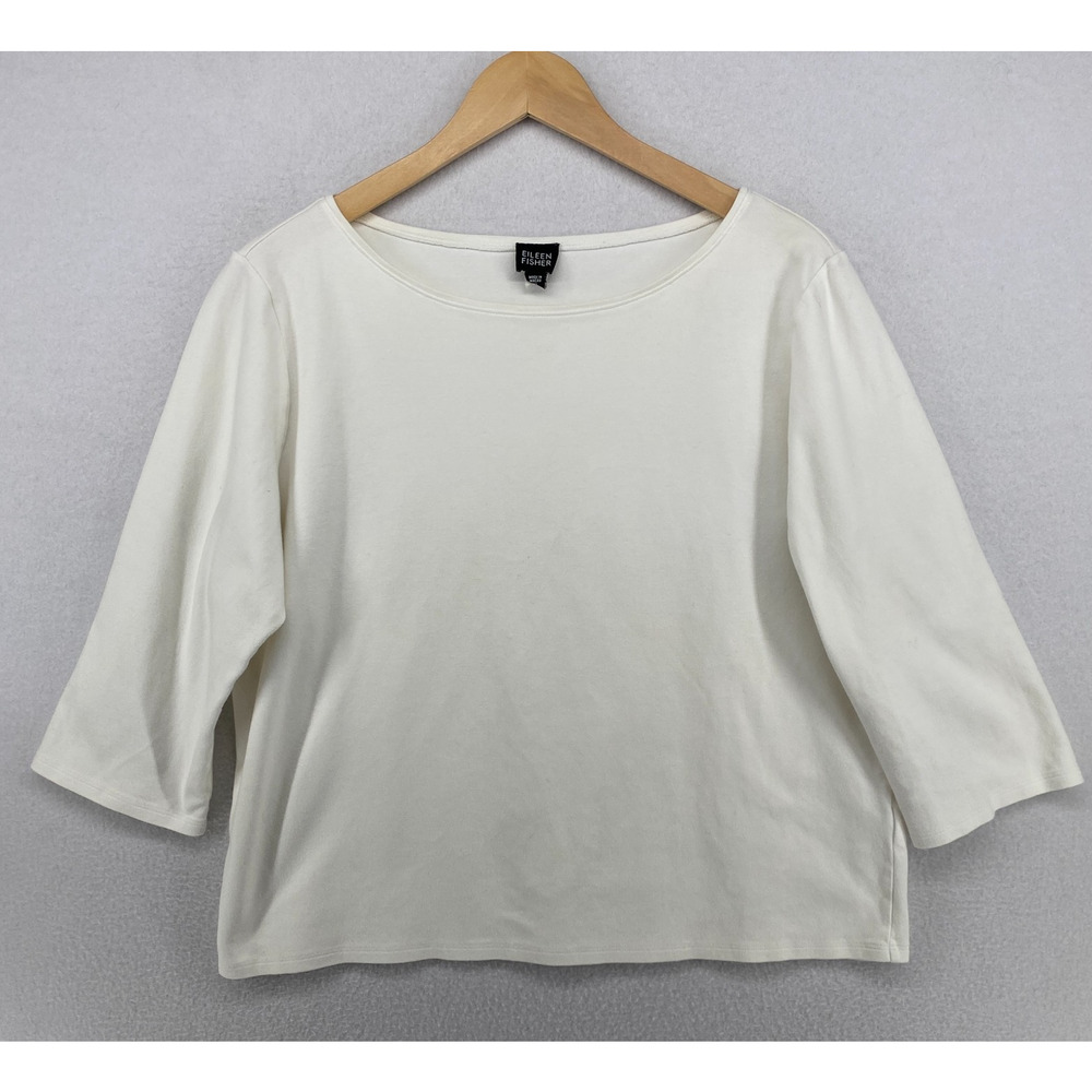 EILEEN FISHER Top XL Cotton Interlock Jersey Round Neck 3/4 Sleeve White